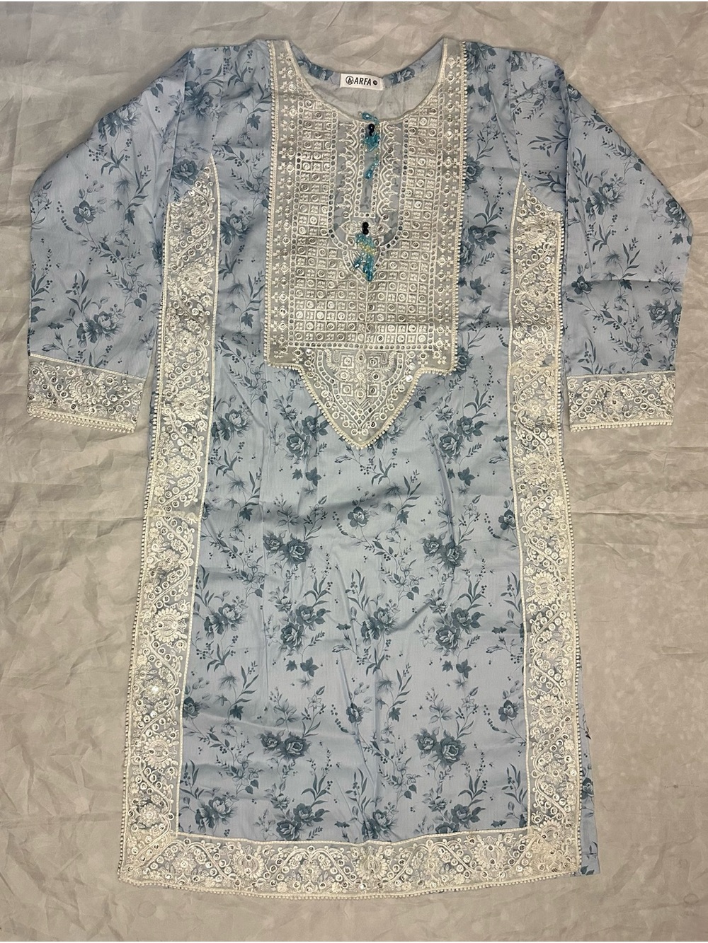 Ethnic Indian Wear Powder Blue Floral Embroidered Long-Sleeve Kurta